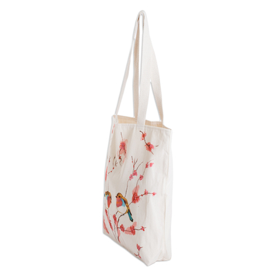 Cotton tote bag, 'Robins' - Handmade Cotton Tote Bag with Robin and Floral Motifs