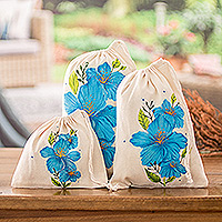 Cotton pouches, 'Blue Carnations' (set of 3) - Set of 3 Handmade Cotton Pouches with Carnation Motifs