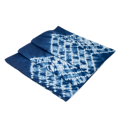 Cotton tablecloth, 'Ancestral Arts' - Geometric Tie-Dyed Indigo and White Cotton Tablecloth