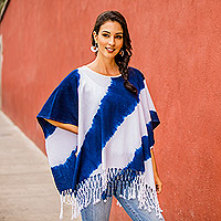 Cotton poncho, 'Perfect Textures' - Tie-Dyed Indigo and White Cotton Poncho with Fringes