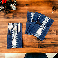 Cotton cutlery holders, 'Harmonious Indigo' (set of 4) - Set of Four Tie-Dyed Blue and White Cotton Cutlery Holders