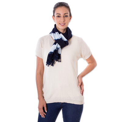 Cotton scarf, 'Indigo Time' - Tie-Dyed Indigo and White Cotton Scarf with Fringes