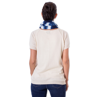 Cotton scarf, 'Indigo Dimension' - Tie-Dyed Striped Indigo and White Cotton Scarf with Fringes