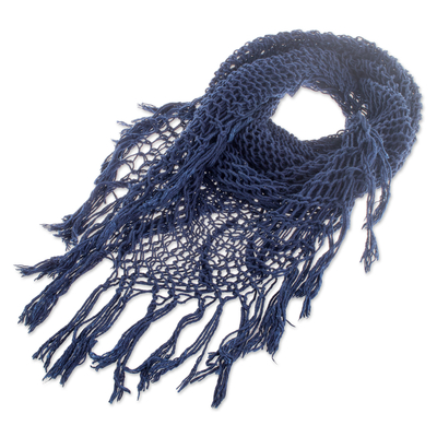 Crocheted cotton scarf, 'Indigo El Salvador' - Crocheted Indigo Cotton Scarf with Fringes from El Salvador