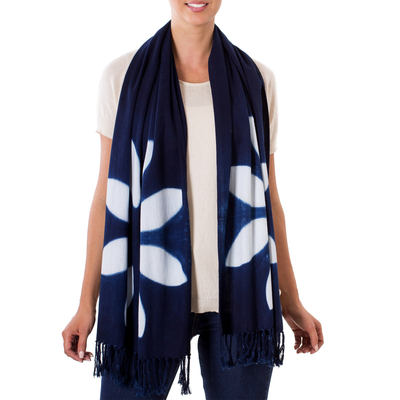 Cotton scarf, 'Indigo Summer' - Floral Indigo and White Cotton Scarf from El Salvador