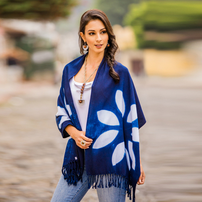 Cotton scarf, 'Indigo Summer' - Floral Indigo and White Cotton Scarf from El Salvador