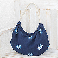 Cotton hobo shoulder bag, 'Indigo Hope' - Butterfly-Themed Indigo Cotton Hobo Shoulder Bag