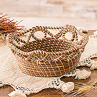 Natural fiber basket, 'Pine Nature' - Handcrafted Natural Fiber Basket in Brown and White Hues