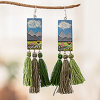 Wood dangle earrings, 'Beloved Landscapes' - Hand-Painted Cedarwood Dangle Earrings with Green Tassels