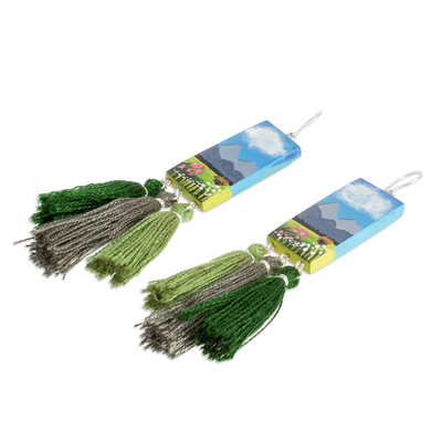 Wood dangle earrings, 'Beloved Landscapes' - Hand-Painted Cedarwood Dangle Earrings with Green Tassels