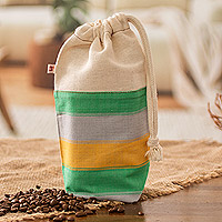 Cotton drawstring coffee bag, 'Caffeine Lover' - Reusable Cotton Drawstring Coffee Bag Handwoven in Guatemala