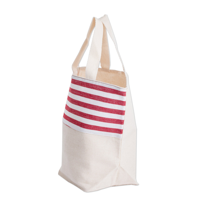 Reversible cotton tote bag, 'Fire' - Hand-Woven Reversible Cotton Tote Bag with Red Stripes