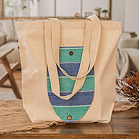 Foldable cotton tote bag, 'Emerald' - Striped Foldable Cotton Tote Bag in Ivory Aqua and Blue