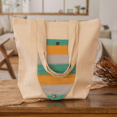 Faltbare Einkaufstasche aus Baumwolle, „Jade“ – handgewebte faltbare Einkaufstasche aus guatemaltekischer Baumwolle mit Streifen