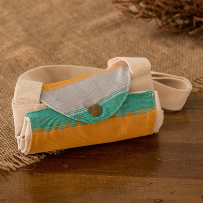 Foldable cotton tote bag, 'Jade' - Guatemalan Hand-Woven Foldable Cotton Tote Bag with Stripes
