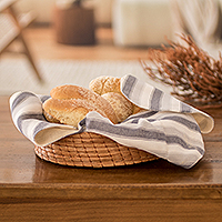 Cotton bread basket napkin, 'Mist' - Grey and White Handwoven Striped Cotton Bread Basket Napkin