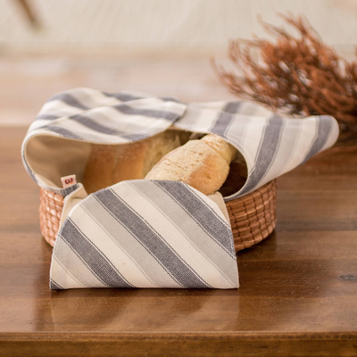 Cotton bread basket napkin, 'Mist' - Grey and White Handwoven Striped Cotton Bread Basket Napkin