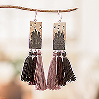 Wood dangle earrings, 'Beloved Forests' - Hand-Painted Cedarwood Dangle Earrings with Tassels