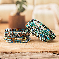 Positive energy bracelets, 'Lake Beauty' (pair) - Handcrafted Beaded Positive Energy Long Wrap Bracelet