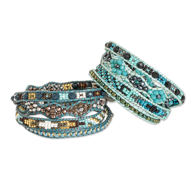 Positive energy bracelets, 'Balance and Guidance' (pair) - Handcrafted Beaded Positive Energy Long Wrap Bracelet
