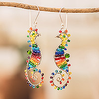 Crystal and glass beaded dangle earrings, 'The Rainbow Seahorse' - Rainbow Crystal and Glass Beaded Seahorse Dangle Earrings