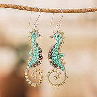 Crystal and glass beaded dangle earrings, 'The Turquoise Seahorse' - Turquoise Crystal and Glass Beaded Seahorse Dangle Earrings