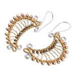 Crystal and glass beaded dangle earrings, 'Glory of the Moon' - Moon-Shaped Crystal and Glass Beaded Dangle Earrings