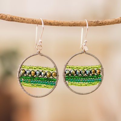Crystal and glass beaded dangle earrings, 'Green Glints' - Green-Toned Round Crystal and Glass Beaded Dangle Earrings