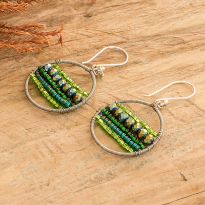 Crystal and glass beaded dangle earrings, 'Green Glints' - Green-Toned Round Crystal and Glass Beaded Dangle Earrings