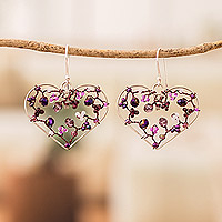 Crystal and glass beaded dangle earrings, 'Lavender Feelings' - Heart-Shaped Purple Crystal and Glass Beaded Dangle Earrings