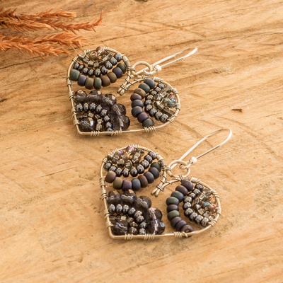 Crystal and glass beaded dangle earrings, 'Deeply in Love' - Heart-Themed Grey Crystal and Glass Beaded Dangle Earrings