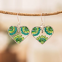 Crystal and glass beaded dangle earrings, 'Serenely in Love' - Heart-Themed Green Crystal and Glass Beaded Dangle Earrings