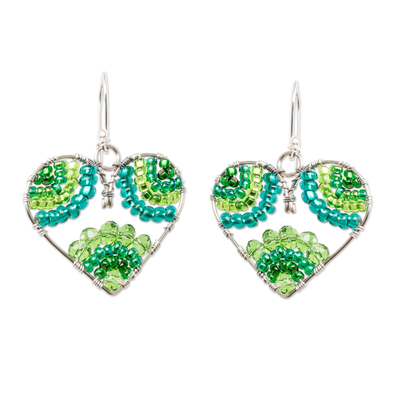 Crystal and glass beaded dangle earrings, 'Serenely in Love' - Heart-Themed Green Crystal and Glass Beaded Dangle Earrings