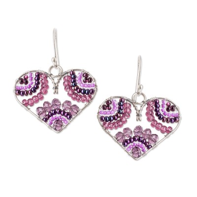 Crystal and glass beaded dangle earrings, 'Kindly in Love' - Heart-Themed Purple Crystal and Glass Beaded Dangle Earrings