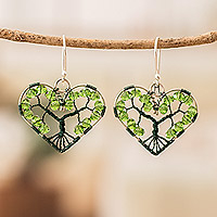 Crystal and glass beaded dangle earrings, 'Love for Nature' - Nature-Themed Heart-Shaped Green Beaded Dangle Earrings