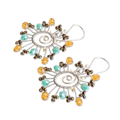 Beaded dangle earrings, 'Beaming Sun' - Crystal & Glass Beaded Dangle Earrings with 925 Silver Hooks
