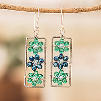 Beaded dangle earrings, 'Blossoming Spring' - Handmade Crystal & Glass Beaded Floral Dangle Earrings
