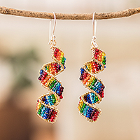Beaded dangle earrings, 'Rainbow Fiesta' - Handmade colourful Crystal & Glass Beaded Dangle Earrings