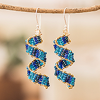 Beaded dangle earrings, 'Blue Fiesta' - Handmade Crystal & Glass Beaded Dangle Earrings in Blue