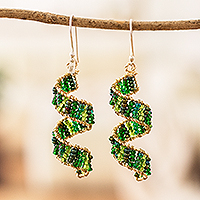 Glass beaded dangle earrings, 'Green Fiesta' - Handcrafted Glass Beaded Dangle Earrings in Green