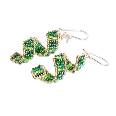 Glass beaded dangle earrings, 'Green Fiesta' - Handcrafted Glass Beaded Dangle Earrings in Green