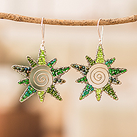 Beaded dangle earrings, 'Stellar Green' - Handmade Crystal & Glass Beaded Star Dangle Earrings