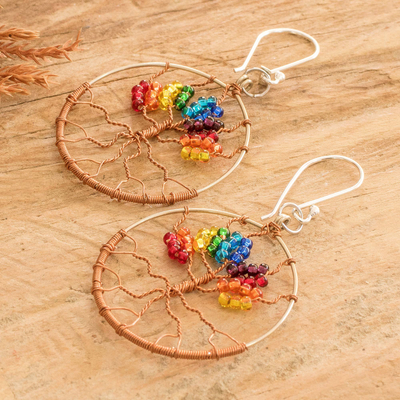 Beaded dangle earrings, 'Rainbow Tree' - Crystal & Glass Beaded Tree of Life Dangle Earrings