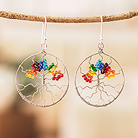 Beaded dangle earrings, 'Colorful Tree' - Handmade Crystal & Glass Beaded Tree of Life Dangle Earrings