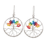 Beaded dangle earrings, 'Colorful Tree' - Handmade Crystal & Glass Beaded Tree of Life Dangle Earrings