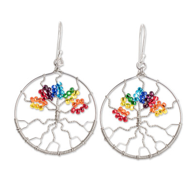 Beaded dangle earrings, 'Colorful Tree' - Handmade Crystal & Glass Beaded Tree of Life Dangle Earrings