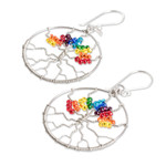 Beaded dangle earrings, 'Colorful Tree' - Handmade Crystal & Glass Beaded Tree of Life Dangle Earrings