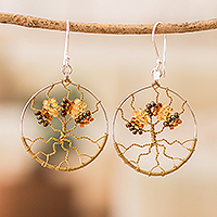 Beaded dangle earrings, 'Golden Tree' - Tree of Life Dangle Earrings with Crystal and Glass Beads