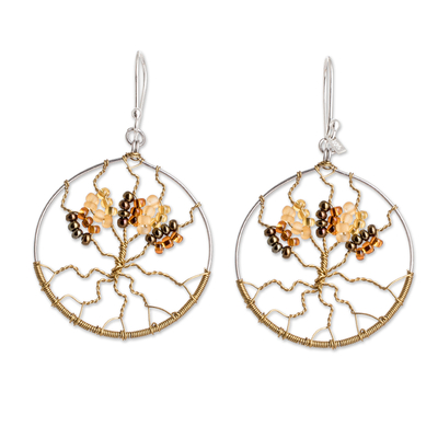 Beaded dangle earrings, 'Golden Tree' - Tree of Life Dangle Earrings with Crystal and Glass Beads