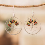 Beaded dangle earrings, 'Silver Tree' - Crystal and Glass Beaded Tree of Life Themed Dangle Earrings